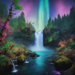 A magical forest full of colors, sparkling waterfalls flowing through, exotic species of luminous plants and roaming mystical creatures under a sky glowing with aurora.