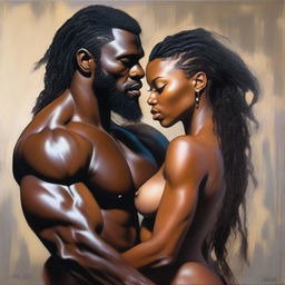 A polished, hyper-realistic, full-body oil-based painting of a sexy, muscular Black man holding a beautiful Black woman