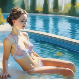 A depiction of a Ukrainian woman wearing lingerie while in a pool