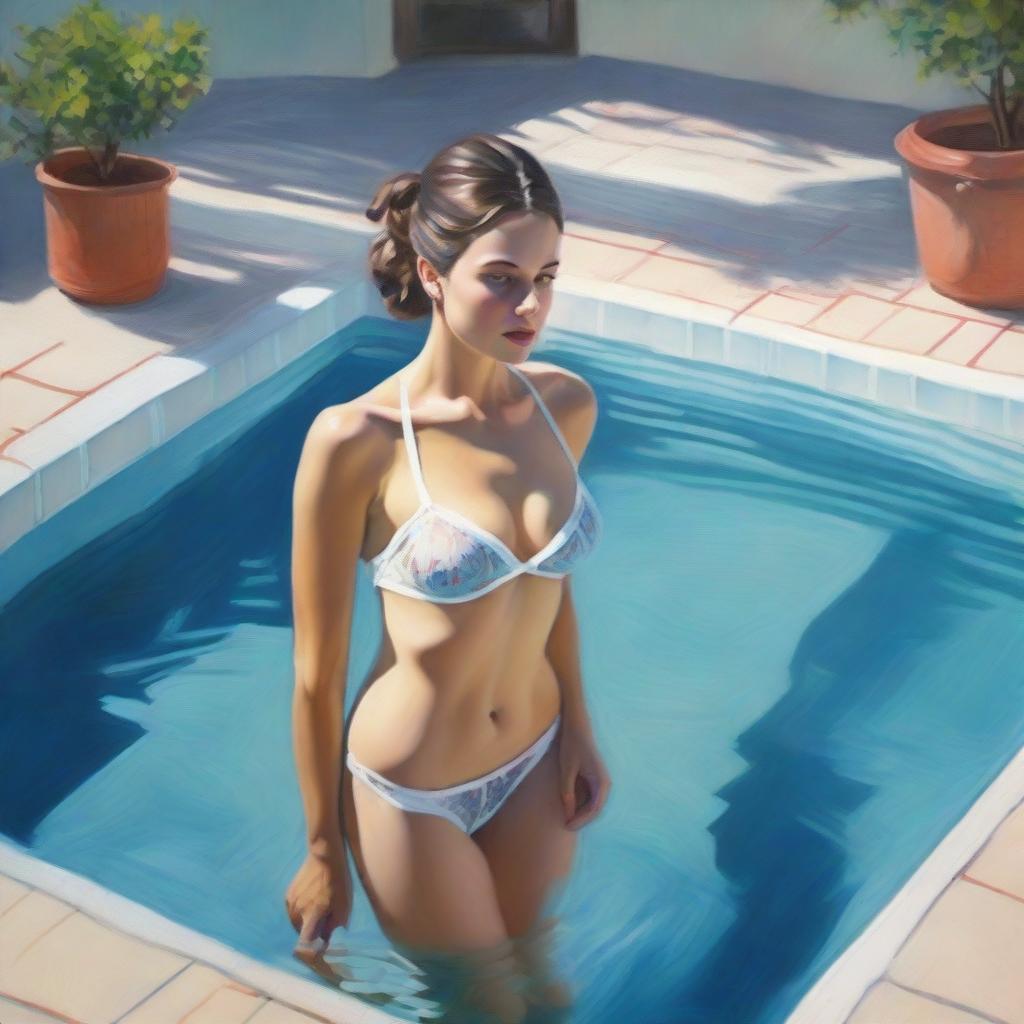 A depiction of a Ukrainian woman wearing lingerie while in a pool