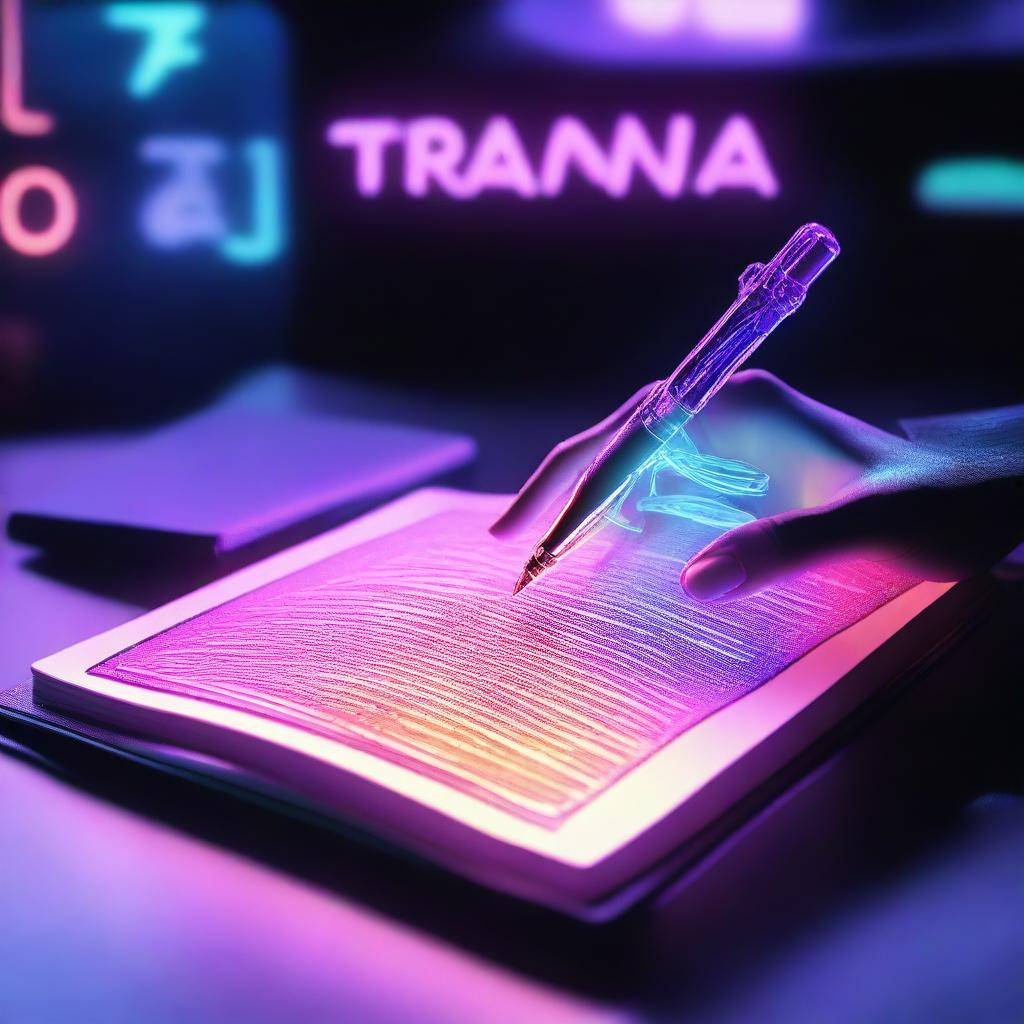 A hologram of a hand holding a pen and writing in a book