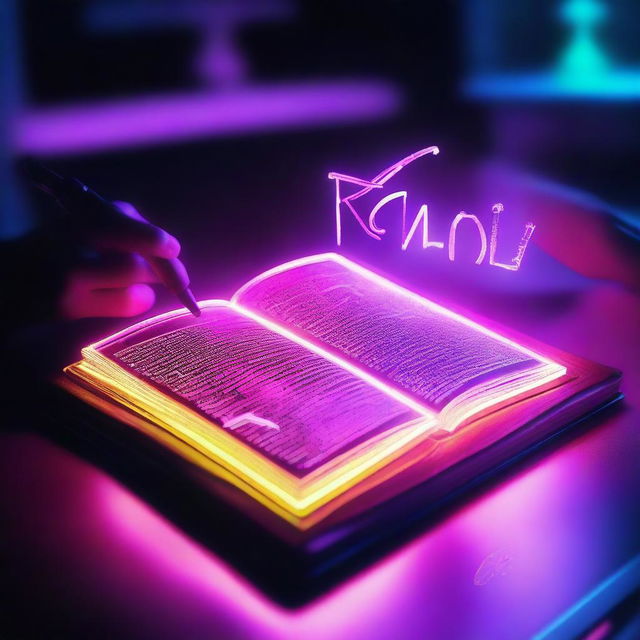 A hologram of a hand holding a pen and writing in a book