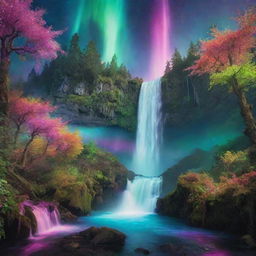 A magical forest full of colors, sparkling waterfalls flowing through, exotic species of luminous plants and roaming mystical creatures under a sky glowing with aurora.