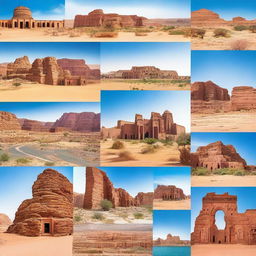 A vibrant collage showcasing popular tourist attractions in Saudi Arabia, including the historic Al-Ula, the futuristic city of NEOM, the Red Sea coastline, and the majestic Masmak Fortress in Riyadh