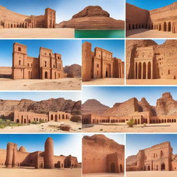 A vibrant collage showcasing popular tourist attractions in Saudi Arabia, including the historic Al-Ula, the futuristic city of NEOM, the Red Sea coastline, and the majestic Masmak Fortress in Riyadh