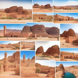 A vibrant collage showcasing popular tourist attractions in Saudi Arabia, including the historic Al-Ula, the futuristic city of NEOM, the Red Sea coastline, and the majestic Masmak Fortress in Riyadh