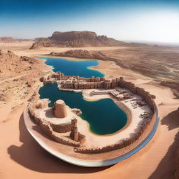 A circular panoramic view showcasing popular tourist attractions in Saudi Arabia