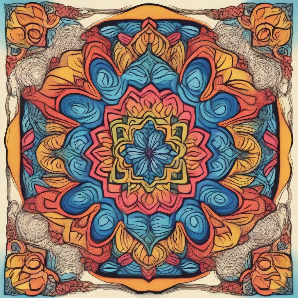 A beautifully designed circular pattern featuring intricate details and vibrant colors, resembling a mandala