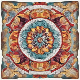 A beautifully designed circular pattern featuring intricate details and vibrant colors, resembling a mandala