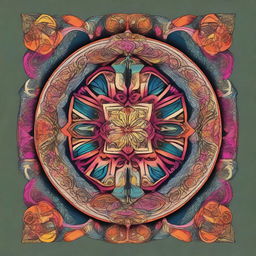 A beautifully designed circular pattern featuring intricate details and vibrant colors, resembling a mandala
