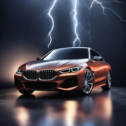 A stunning 3D rendering of a BMW car set against a dark background with dramatic lightning effects