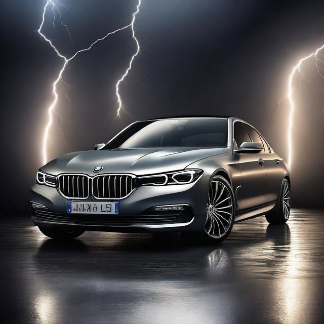 A stunning 3D rendering of a BMW car set against a dark background with dramatic lightning effects