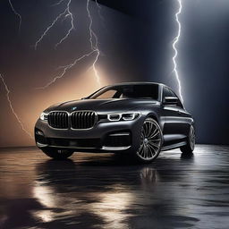 A stunning 3D rendering of a BMW car set against a dark background with dramatic lightning effects