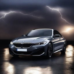 A stunning 3D rendering of a BMW car set against a dark background with dramatic lightning effects