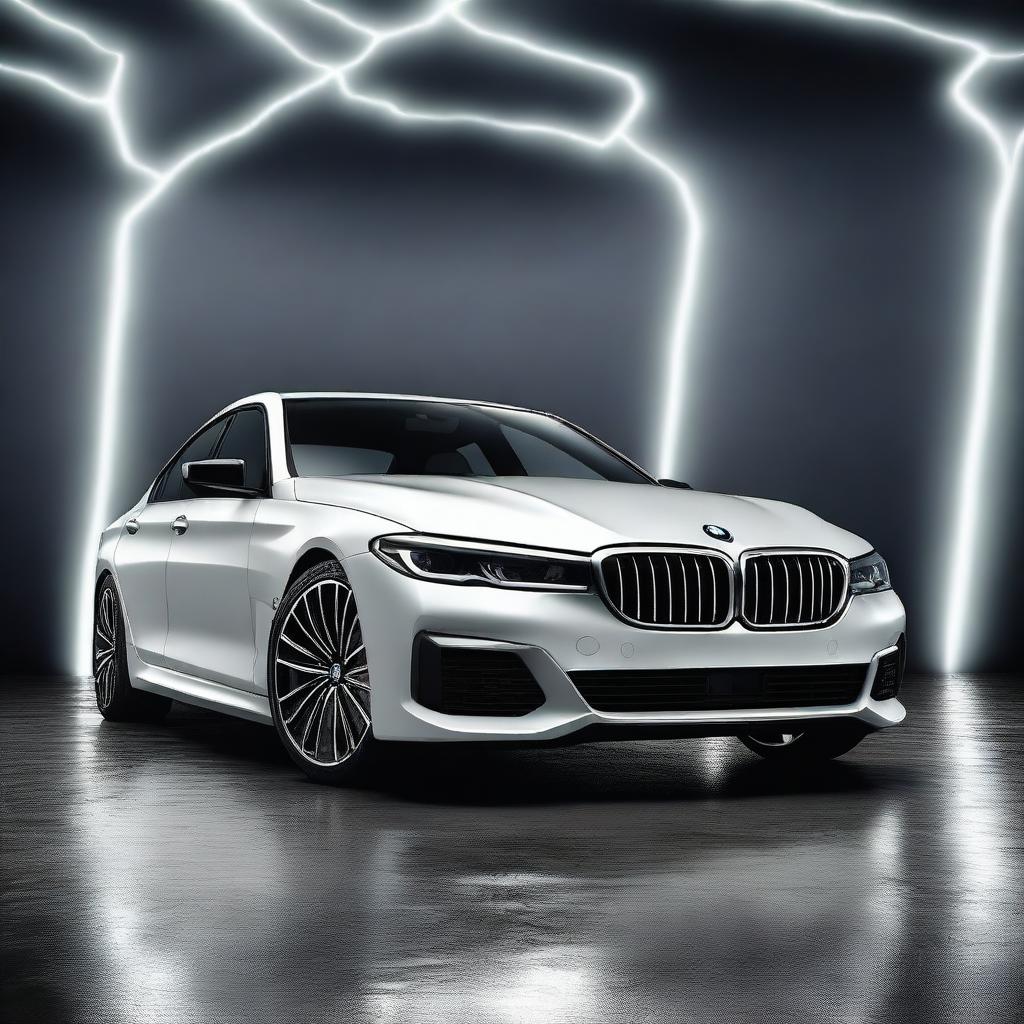 A stunning 3D rendering of a BMW car set against a dark background with dramatic lightning effects