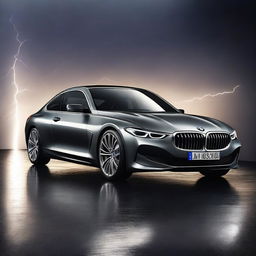 A stunning 3D rendering of a BMW car set against a dark background with dramatic lightning effects