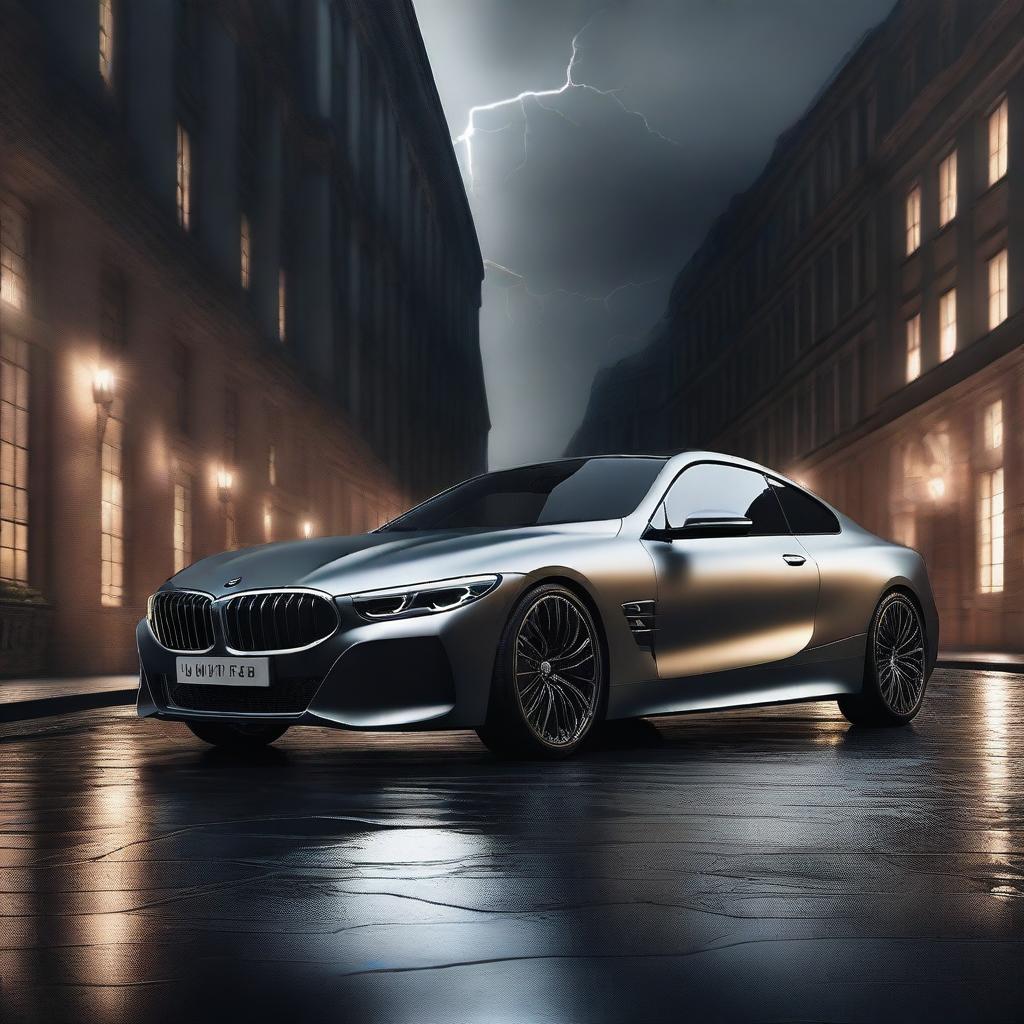 A stunning 3D rendering of a BMW car set against a dark background with dramatic lightning effects