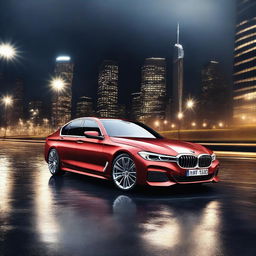 A stunning 3D rendering of a BMW car set against a dark background with dramatic lightning effects