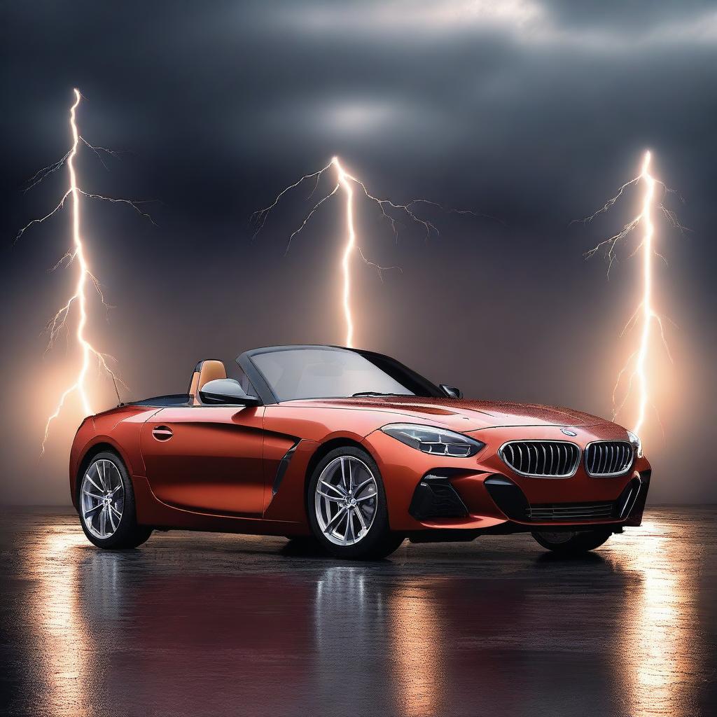 A stunning 3D rendering of a BMW Z4 car set against a dark background with dramatic lightning effects