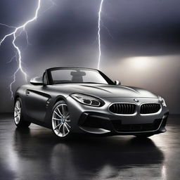 A stunning 3D rendering of a BMW Z4 car set against a dark background with dramatic lightning effects