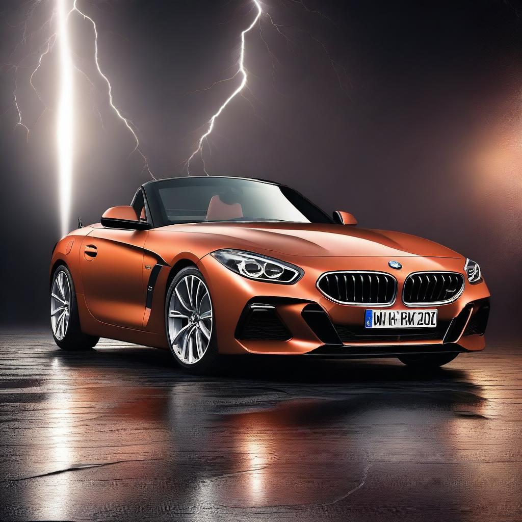 A stunning 3D rendering of a BMW Z4 car set against a dark background with dramatic lightning effects