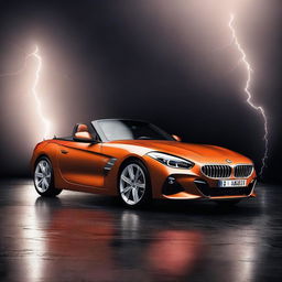 A stunning 3D rendering of a BMW Z4 car set against a dark background with dramatic lightning effects