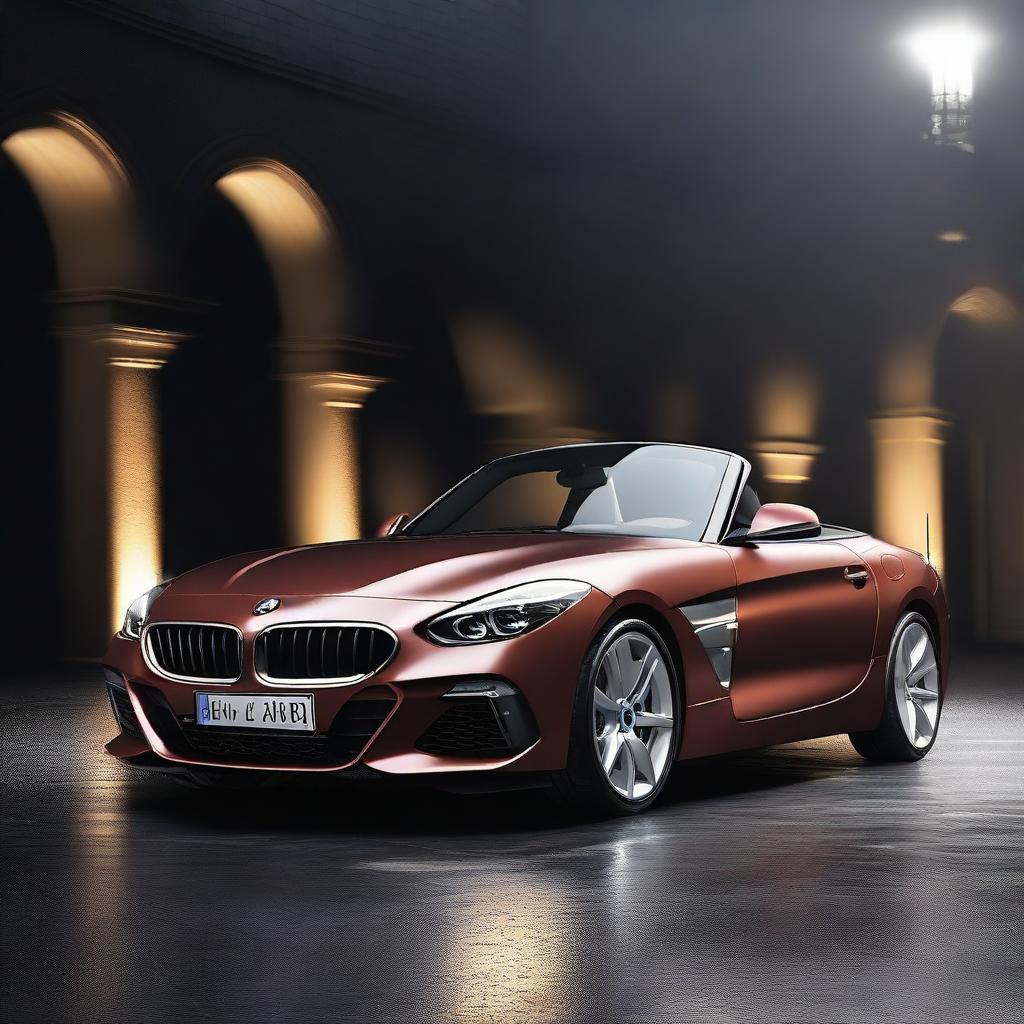 A stunning 3D rendering of a BMW Z4 car set against a dark background with dramatic light effects