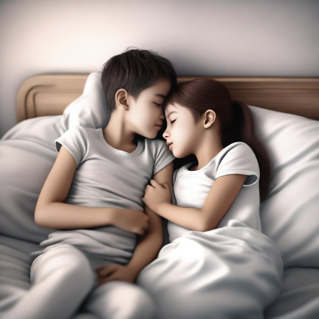 A young boy and a young girl both wearing leggings, lying in a bed