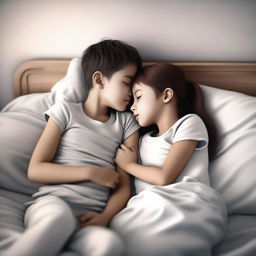 A young boy and a young girl both wearing leggings, lying in a bed