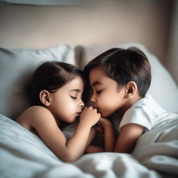 A young boy and a young girl both wearing leggings, lying in a bed