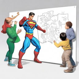 A photo-realistic image of a superhero named Matteo battling against a whiteboard called the 'boo board'