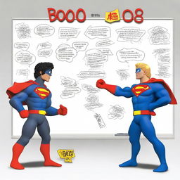 Create a photo-realistic image of a superhero named Matteo battling against a whiteboard called the 'boo board'