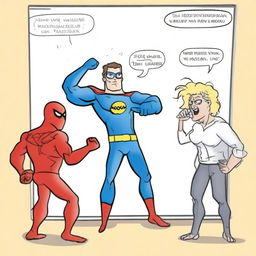 Create a photo-realistic image of a superhero named Matteo battling against a whiteboard called the 'boo board'