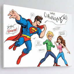 Create a photo-realistic image of a superhero named Matteo battling against a whiteboard called the 'boo board'