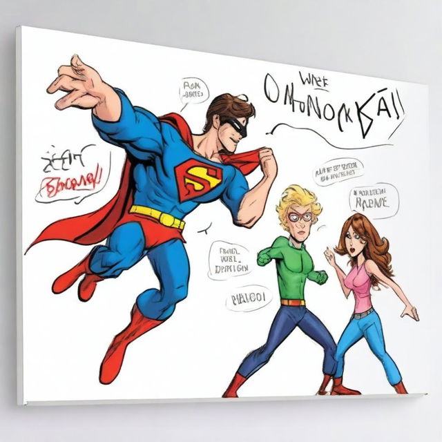 Create a photo-realistic image of a superhero named Matteo battling against a whiteboard called the 'boo board'