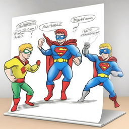 Create a photo-realistic image of a superhero named Matteo battling against a whiteboard called the 'boo board'