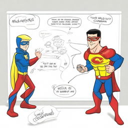 Create a photo-realistic image of a superhero named Matteo battling against a whiteboard called the 'boo board'