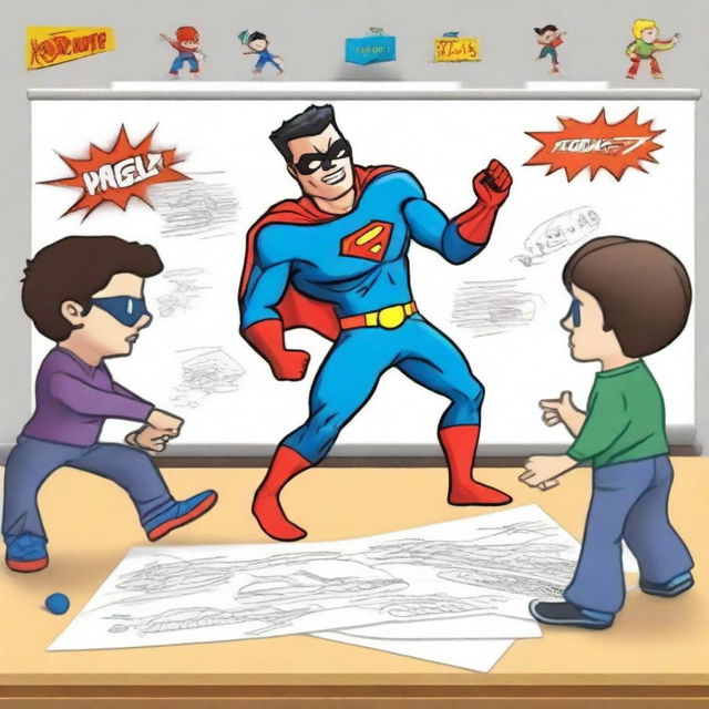 Create a photo-realistic image of a superhero named Matteo battling against a whiteboard called the 'boo board'