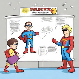 Create a photo-realistic image of a superhero named Matteo battling against a whiteboard called the 'boo board'