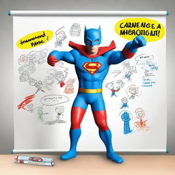 Create a photo-realistic image of a superhero named Matteo battling against a whiteboard called the 'boo board'