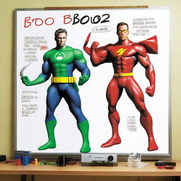 Create a photo-realistic image of a superhero named Matteo, played by Ryan Reynolds, battling against a whiteboard called the 'boo board'