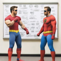 Create a photo-realistic image of a superhero named Matteo, played by Ryan Reynolds, battling against a whiteboard called the 'boo board'