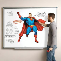 Create a photo-realistic image of a superhero named Matteo, played by Ryan Reynolds, battling against a whiteboard called the 'boo board'