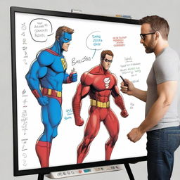 Create a photo-realistic image of a superhero named Matteo, played by Ryan Reynolds, battling against a whiteboard called the 'boo board'