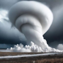 A powerful tornado swirling through a landscape, with white powder resembling cocaine being pulled into the vortex