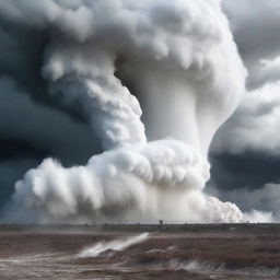 A powerful tornado swirling through a landscape, with white powder resembling cocaine being pulled into the vortex