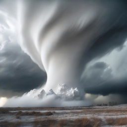 A powerful tornado swirling through a landscape, with white powder resembling cocaine being pulled into the vortex