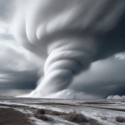 A powerful tornado swirling through a landscape, with white powder resembling cocaine being pulled into the vortex