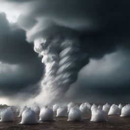 A surreal scene featuring multiple bags of cocaine swirling around in a powerful tornado