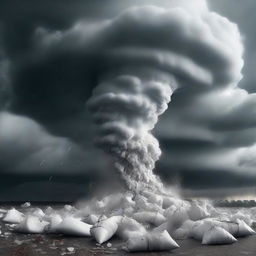 A surreal scene featuring multiple bags of cocaine swirling around in a powerful tornado